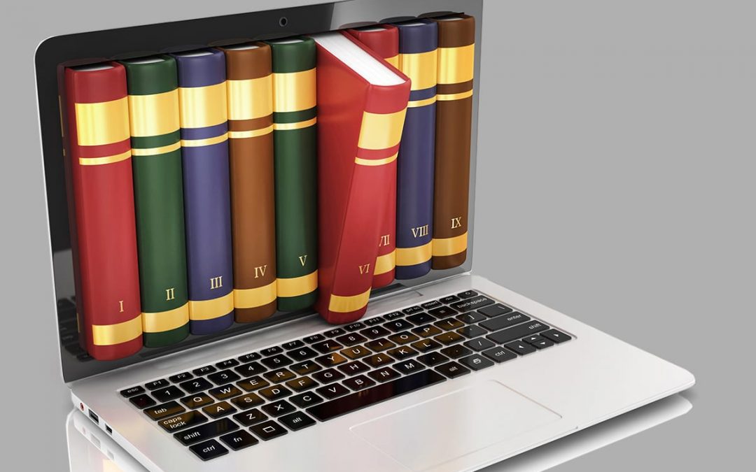 Bücher erscheinen aus einem Laptop - Symbol für Online-Lernen.