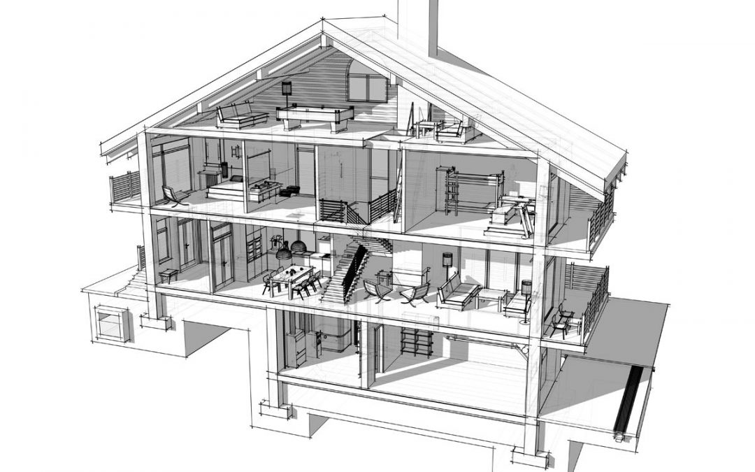 Schwarz-weiß Schnittzeichnung eines mehrstöckigen Hauses mit Räumen.