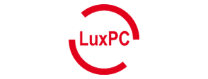 Roter LuxPC-Logo mit zwei roten Bögen auf hellgrau.