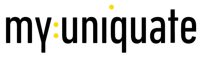 My uniquate-Logo mit drei gelben Punkten um Doppelpunkt und i.