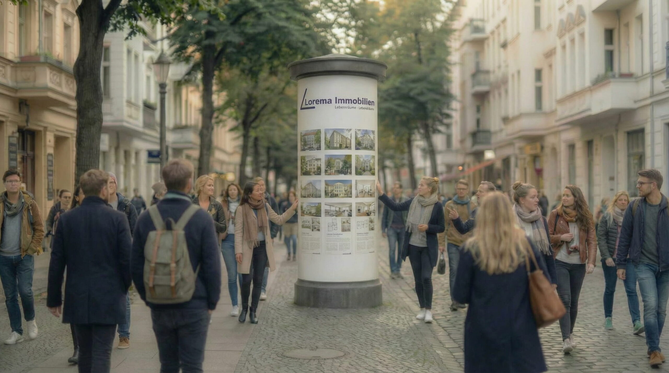 Menschen in Straße neben einer runden Anzeigen-Säule mit Logo und Inseraten von Lorema Immobilien