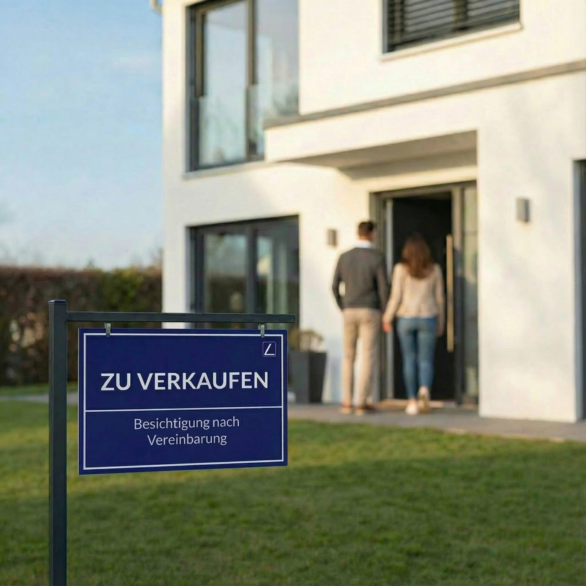 Zwei Interessenten besichtigen Einfamilienhaus, davor 'Zu verkaufen'-Schild