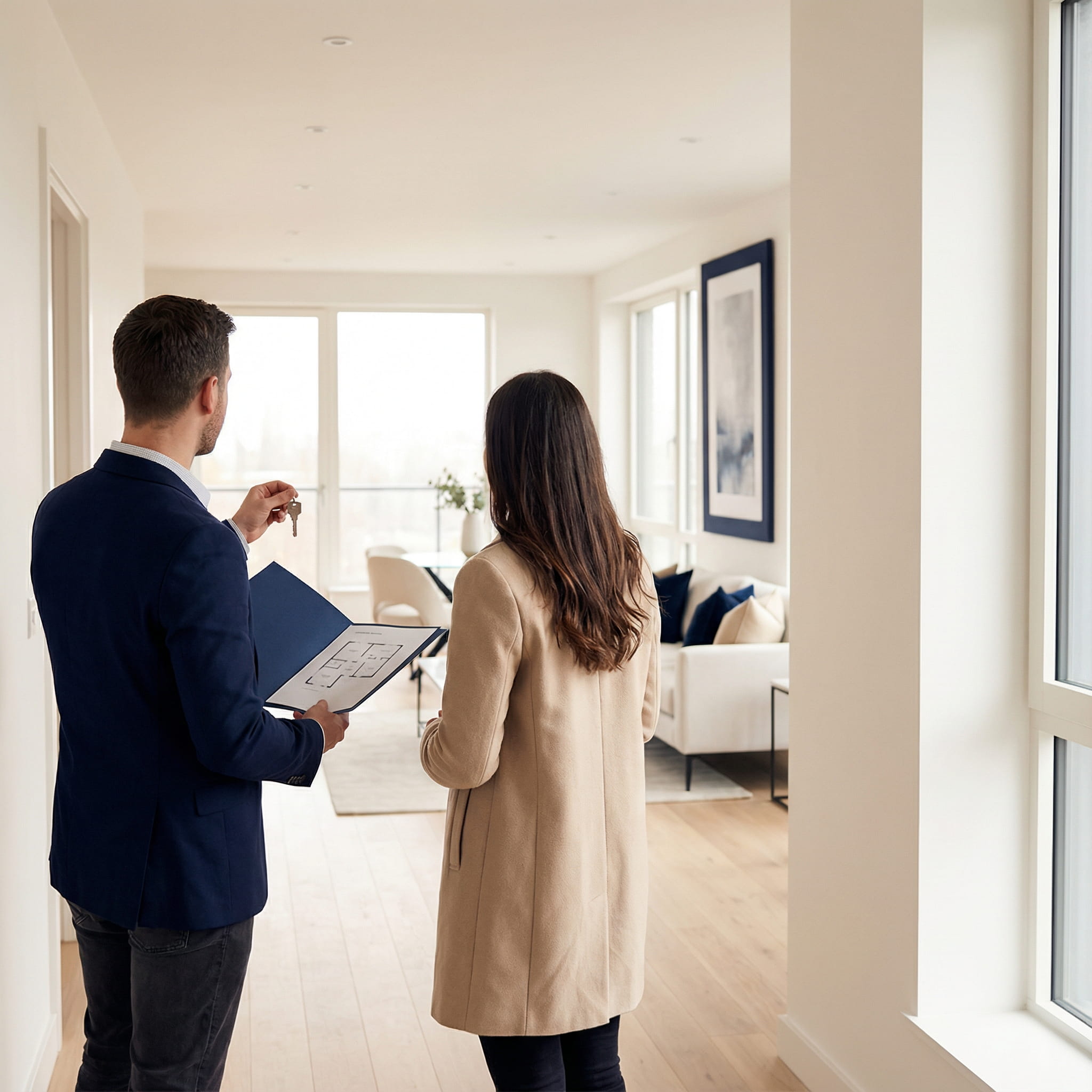 Immobilienmakler zeigt einer Frau einen Grundriss in modernem Apartment.