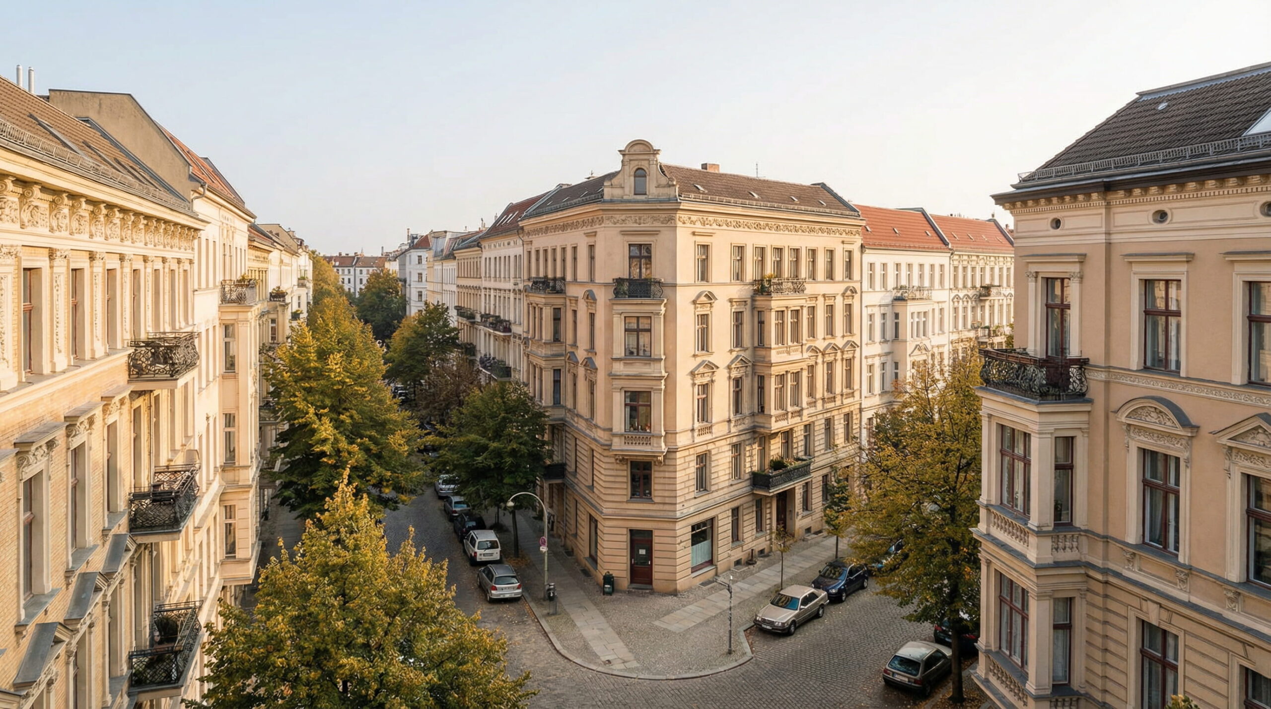 Europäische Straße mit alten Gebäuden in Berlin, Bäumen und Autos bei Sonne.