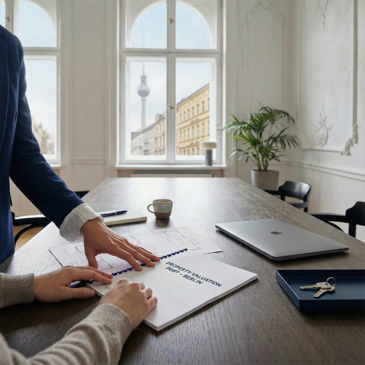 Zwei Personen prüfen Immobilienunterlagen im hellen Büro.