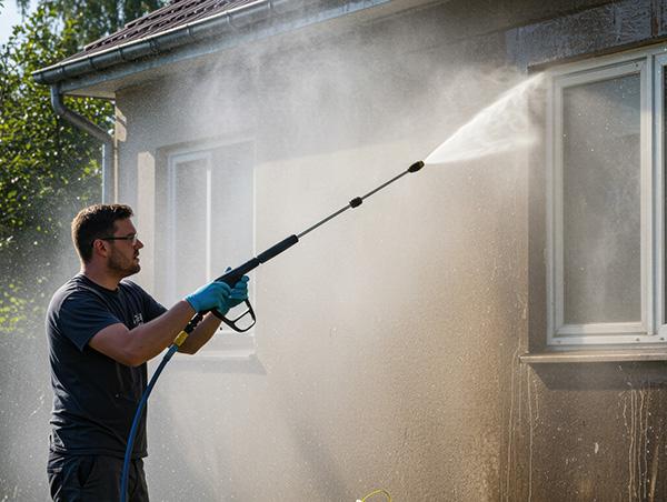 Mann reinigt Hausfassade