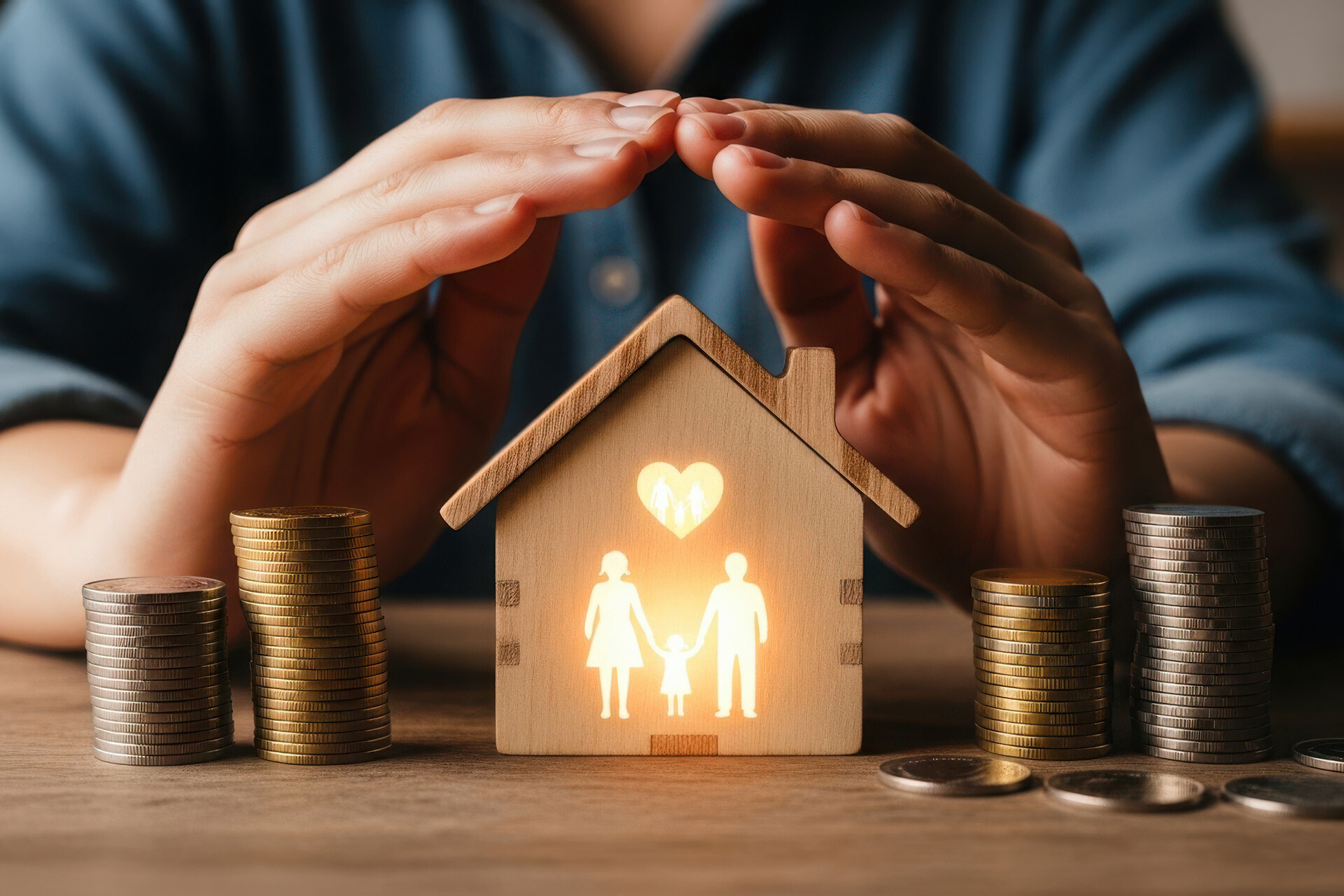 Schützende Hände über Hausmodell mit Münzen