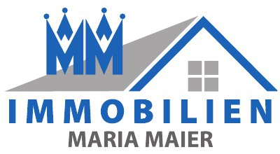 Blaue MM, Dach und Fenster, darunter IMMOBILIEN MARIA MAIER.