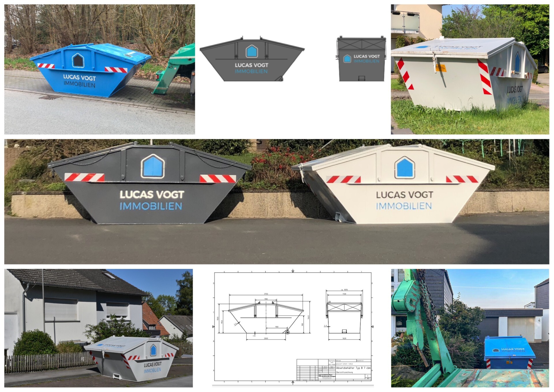 Container blau, grau und weiß mit Logo von Lucas Vogt Immobilien