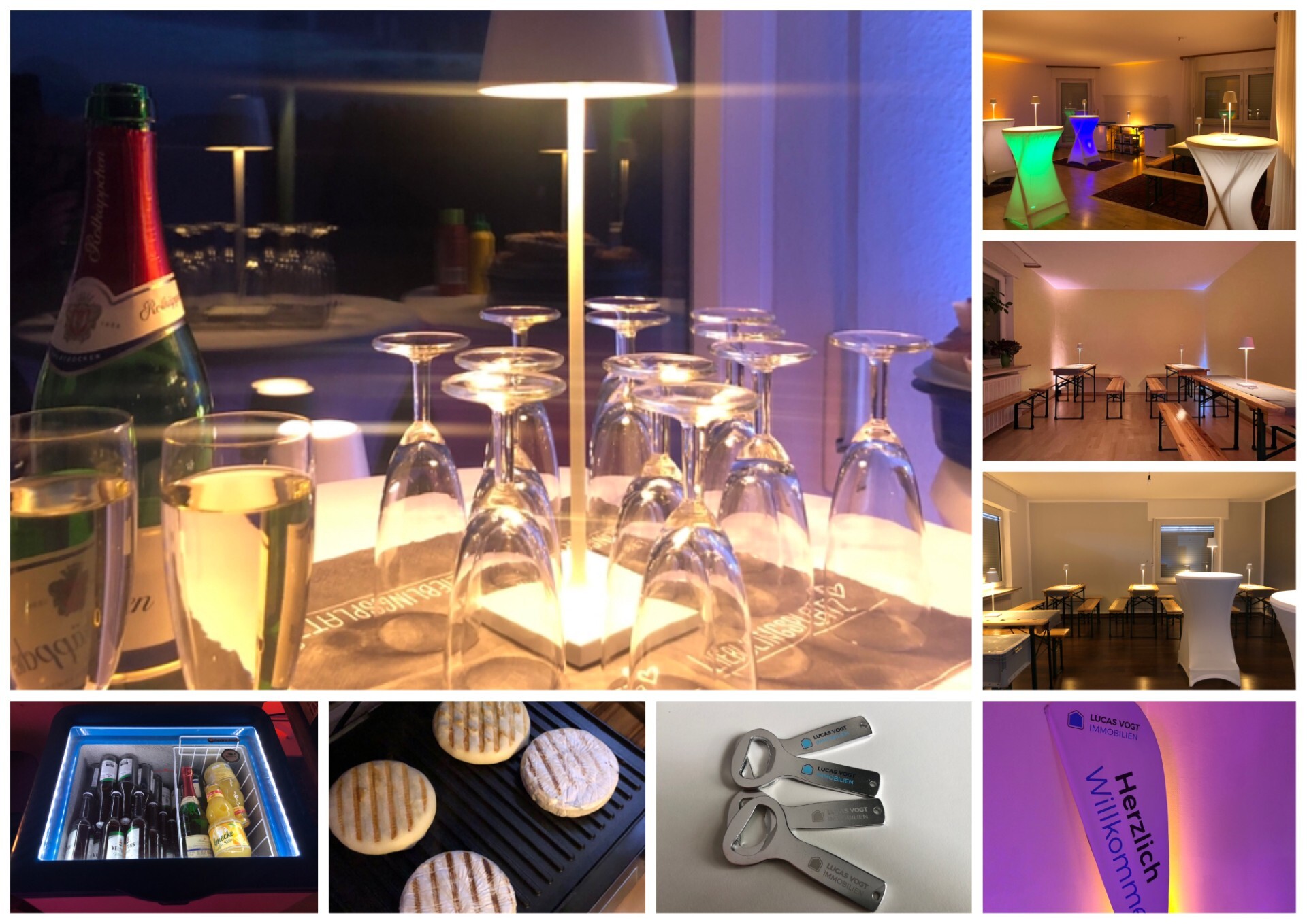 Sektgläser auf Stehtischen mit Hussen und indirekter Beleuchtung, Dekoration auf einer Feier mit Bierzeltgarnituren