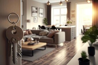 Schlüssel hängen an einem Wandhaken in einem sonnendurchfluteten modernen Wohnzimmer.