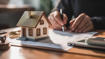 Person unterschreibt Dokumente neben kleinem Modellhaus auf Schreibtisch.