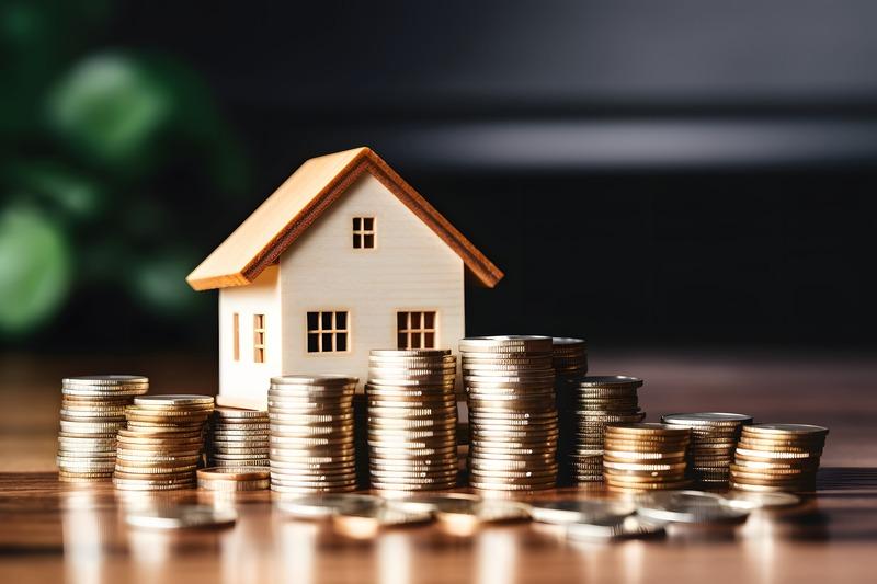 Musterhaus mit Münzstapeln auf Holz, Symbol für Immobilien.