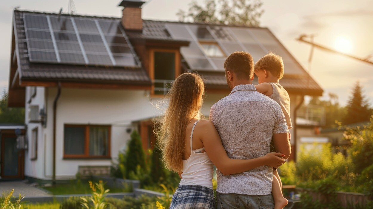 Junge Familie schaut auf ihr Haus