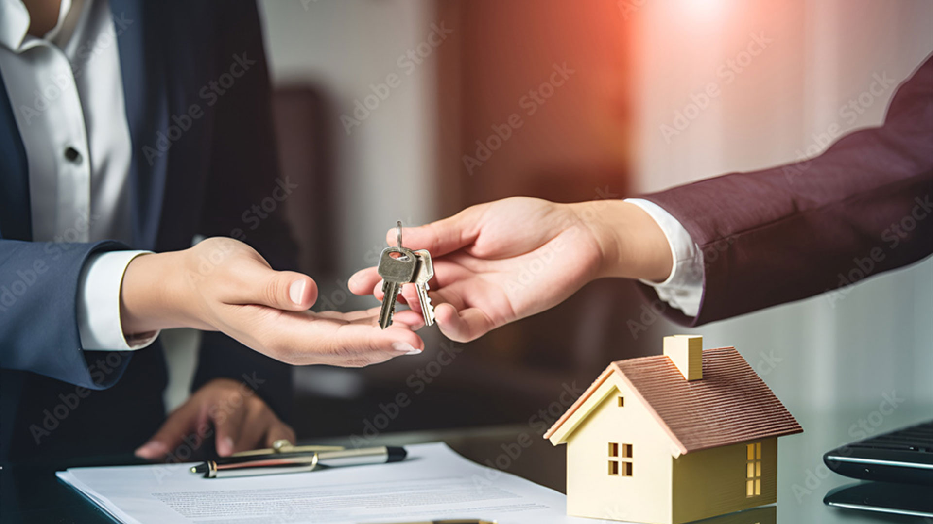 Hausübergabe: Schlüssel, Vertrag und Modellhaus auf dem Tisch.