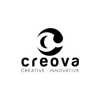 Schwarz-weißes Creova-Logo, abstrakter Kreis über CREATIVE - INNOVATIVE.