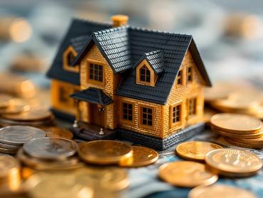 Ein Modellhaus steht auf einem Stapel aus Münzen