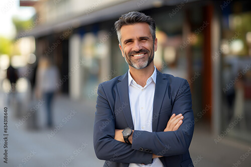 Ein lächelnder Mann im Anzug steht mit verschränkten Armen im Freien.