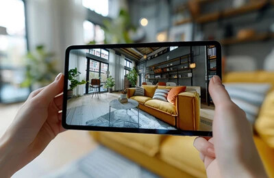Eine Person nimmt ein Bild von einem Wohnzimmer auf