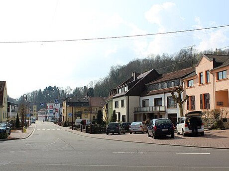 Ruhige Straße mit Autos, Häusern und Bäumen bei Sonnenschein.