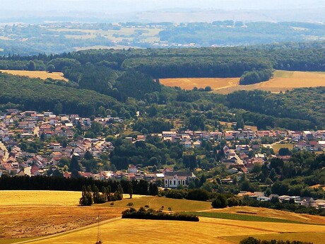 Dorf mit Häusern, Feldern und Wäldern aus der Vogelperspektive.