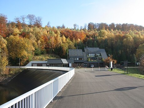 Weg mit Geländer zu Gebäude am Staudamm, Herbstbäume.