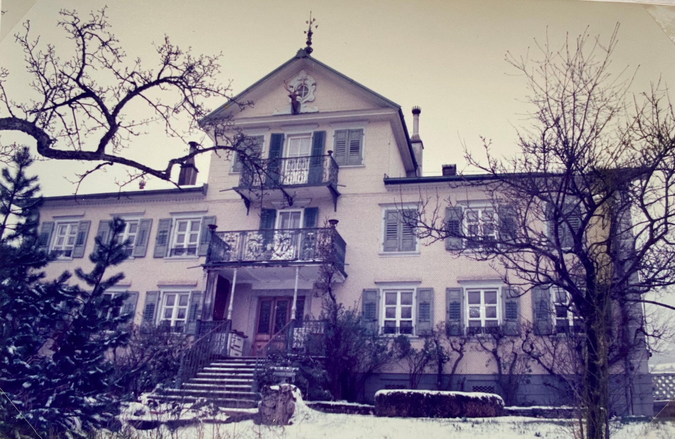 Helles Haus mit Balkonen, umgeben von Bäumen und etwas Schnee.