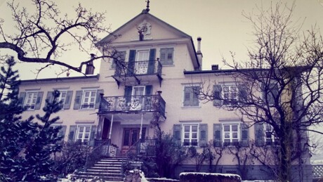 Helles Haus mit Balkonen, umgeben von Bäumen und etwas Schnee.
