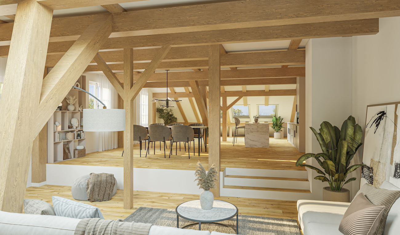Wohn- und Essbereich mit Holzbalken, viel Licht, modernem Stil.