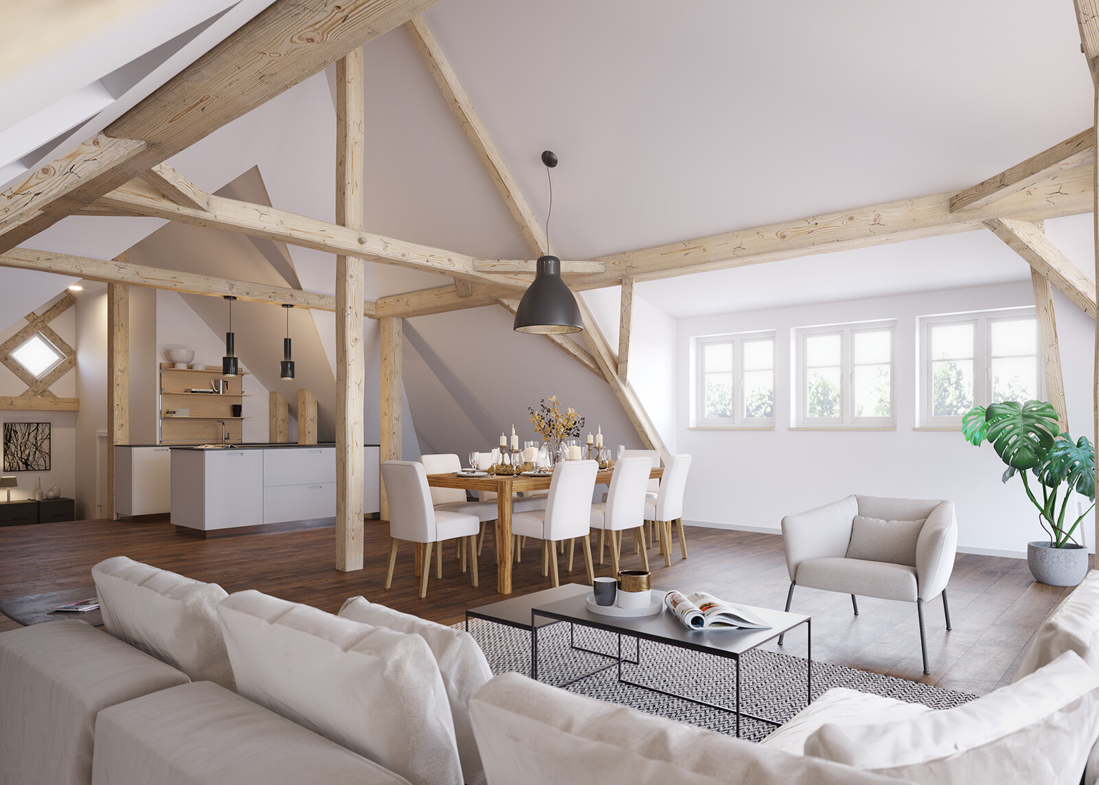 Offener Wohnbereich mit Holzbalken, weißen Möbeln und Fenstern.