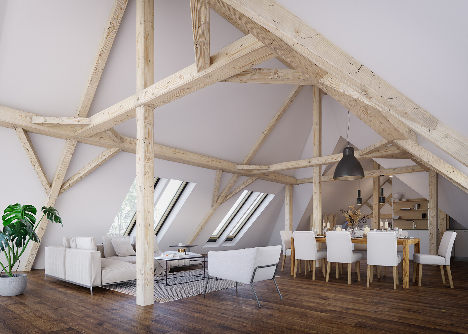Loft mit Holzbalken, moderner Einrichtung und Oberlichtern.