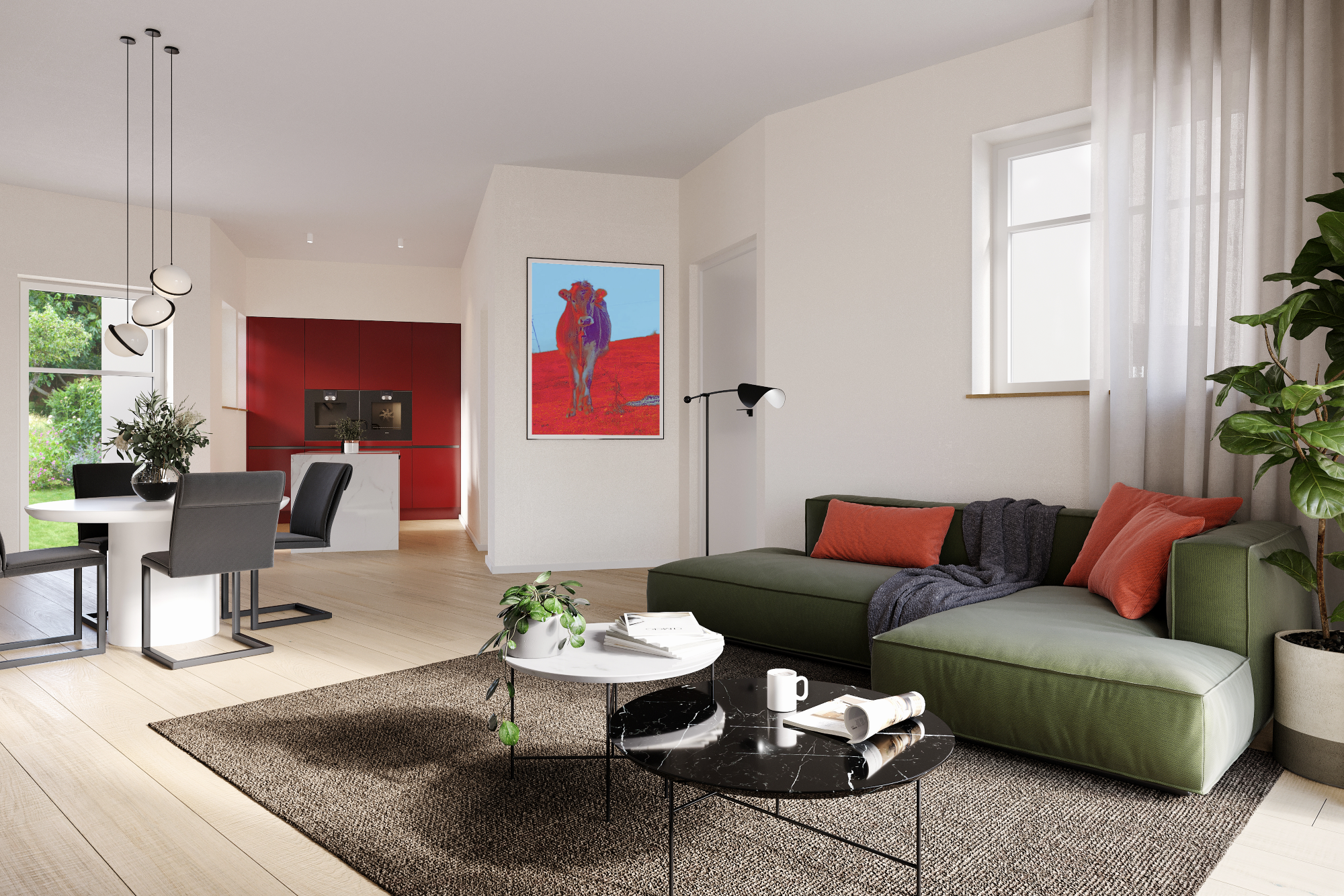 Grünes Sofa, Marmortische, Blick in die rot akzentuierte Küche.