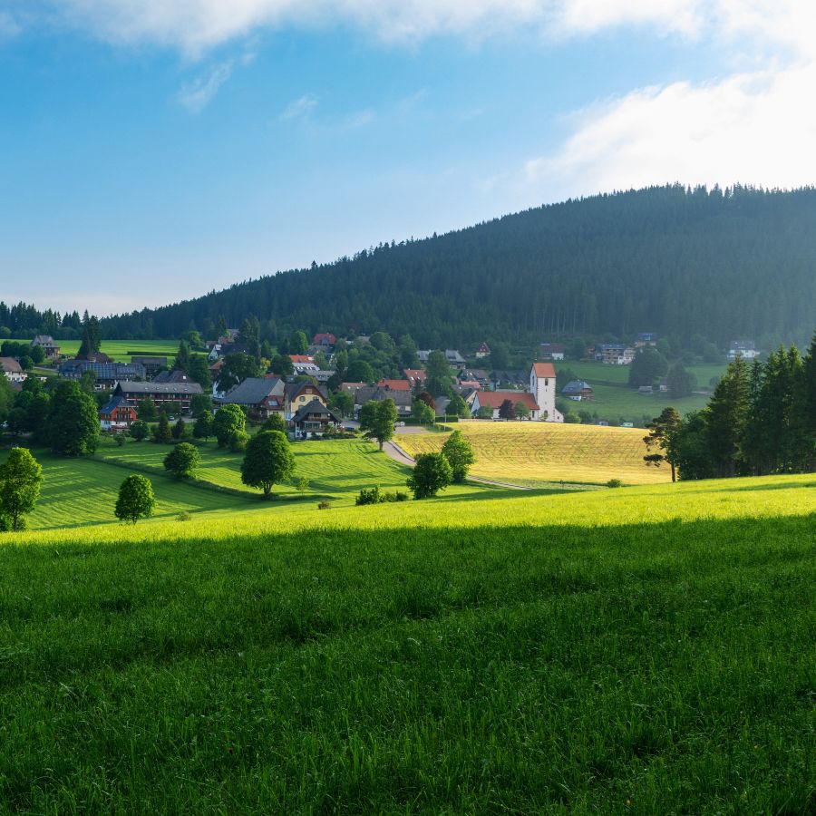 Dorf mit Kirche, grünen Feldern und Bäumen unter blauem Himmel.