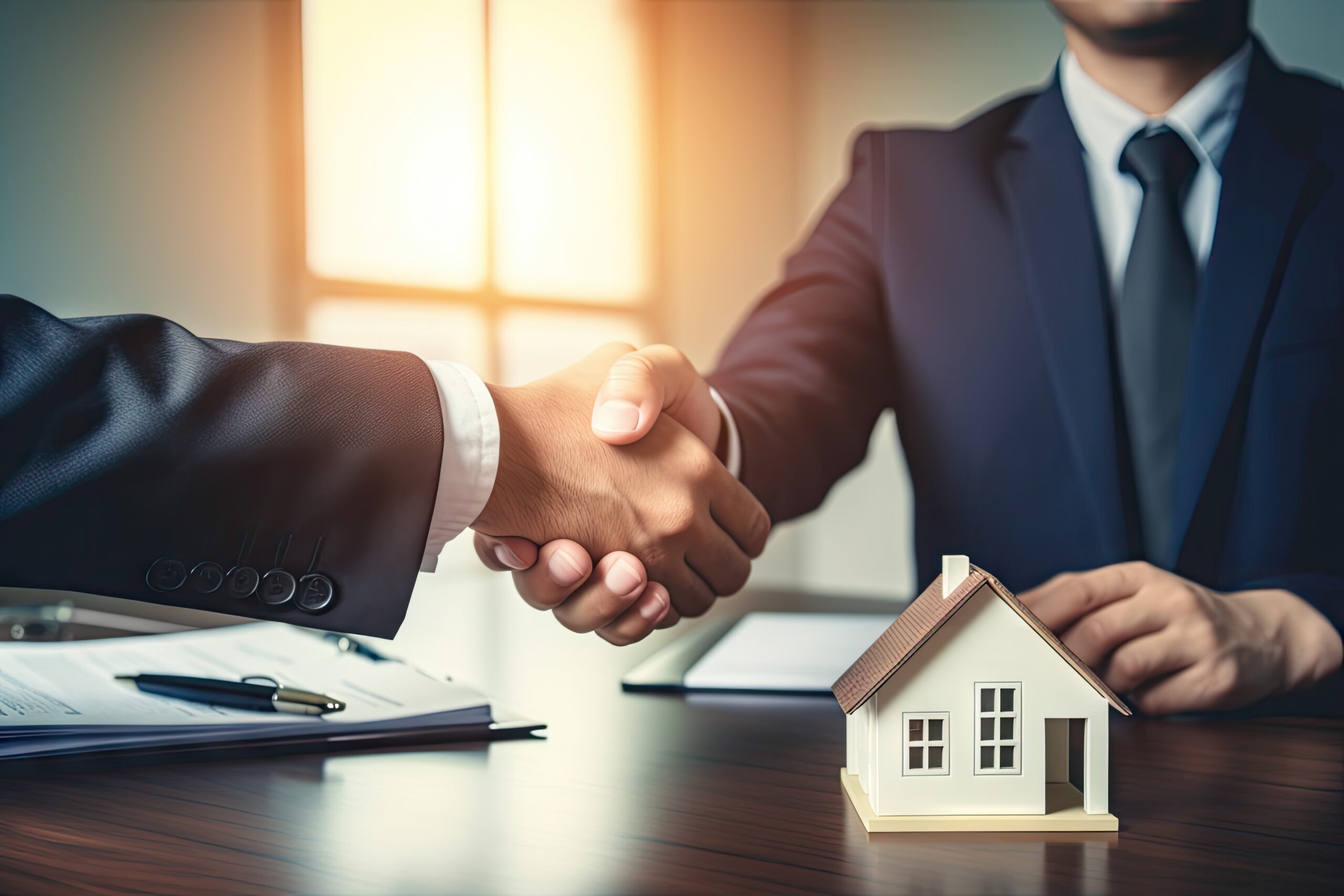 Handschlag am Schreibtisch neben Modellhaus