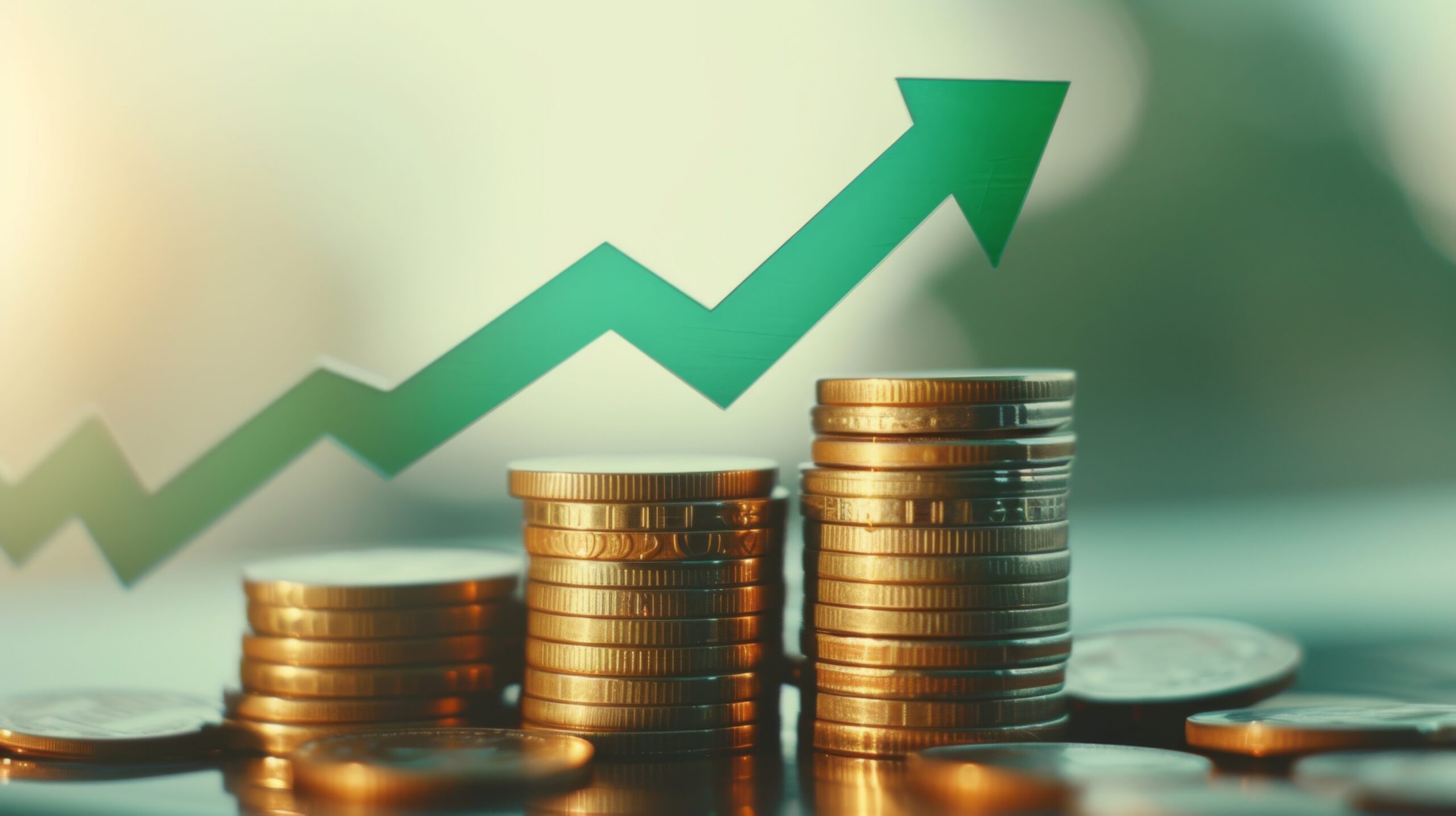 Steigender Pfeil über Münzstapeln