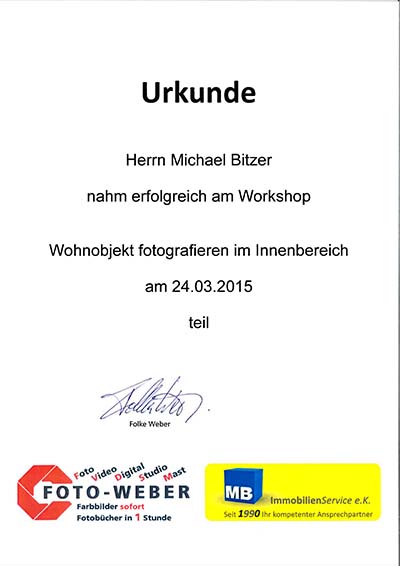 Urkunde Wohnobjekte fotografieren