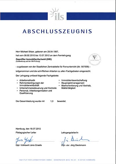 Abschlusszeugnis Immobilienfachwirt