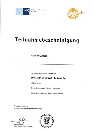 Teilnahmebescheinigung Erfolgreich im Verkauf