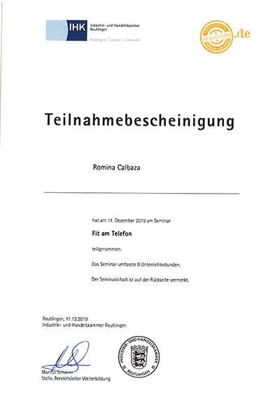 Teilnahmebescheinigung Fit am Telefon