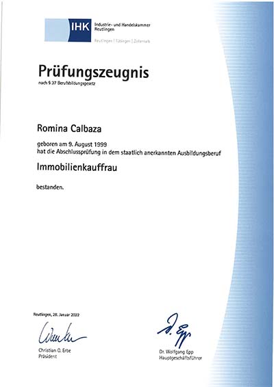 Prüfungszeugnis Immobilienkauffrau