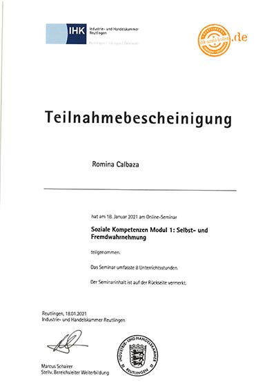 Teilnahmebescheinigung Selbst- und Fremdwahrnehmung