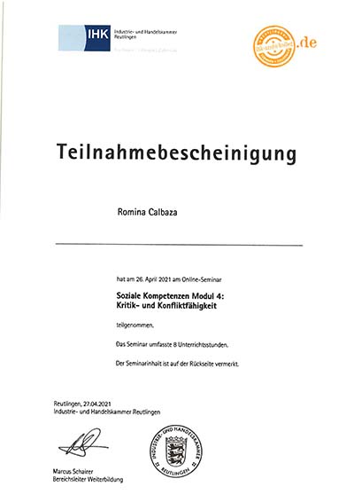 Teilnahmebescheinigung Kritik- und Konfliktfähigkeit