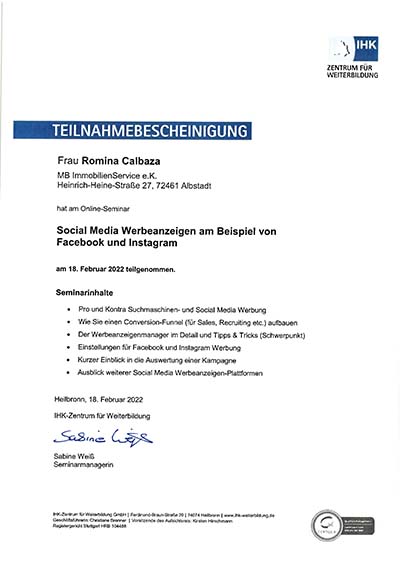 Teilnahmebescheinigung Social Media Werbeanzeigen