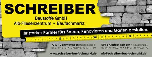 Schreiber Baustoffe Anzeige mit Name, Mauer und Maßband-Grafik.