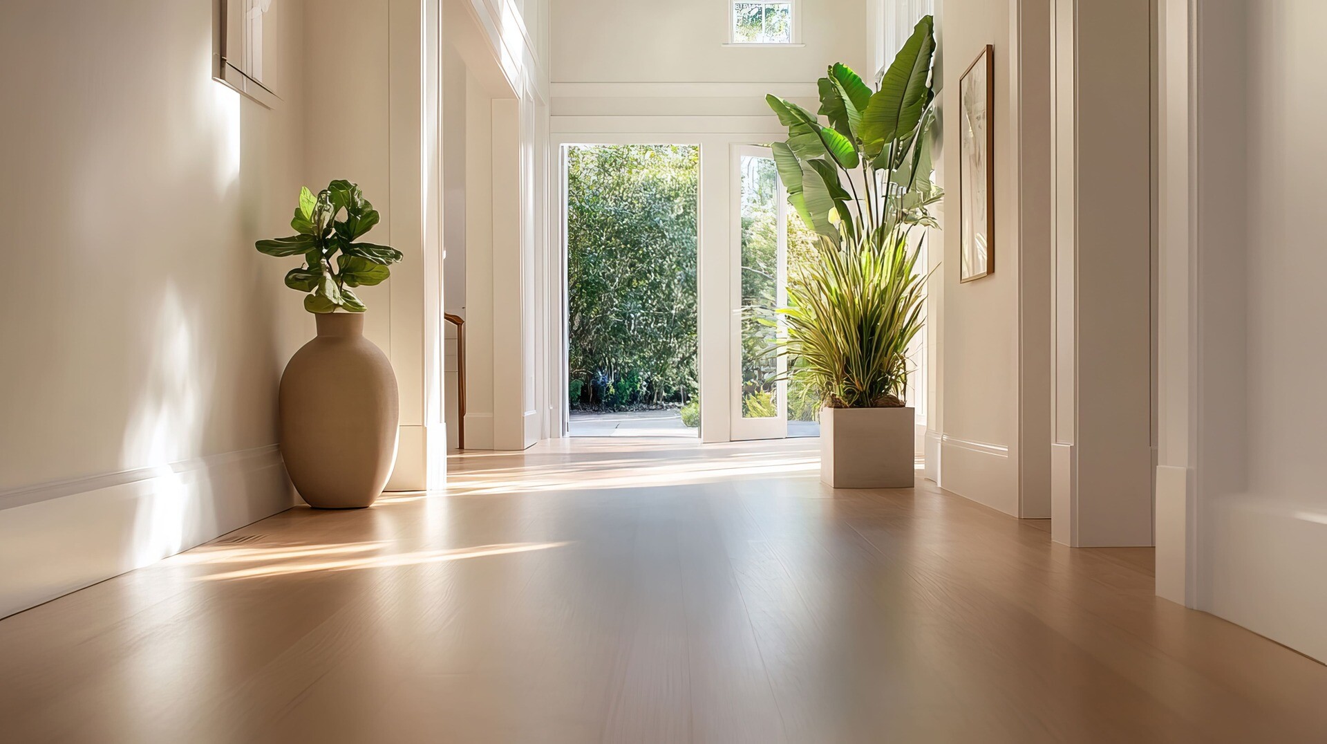 Hausflur mit Holzboden und Pflanzen