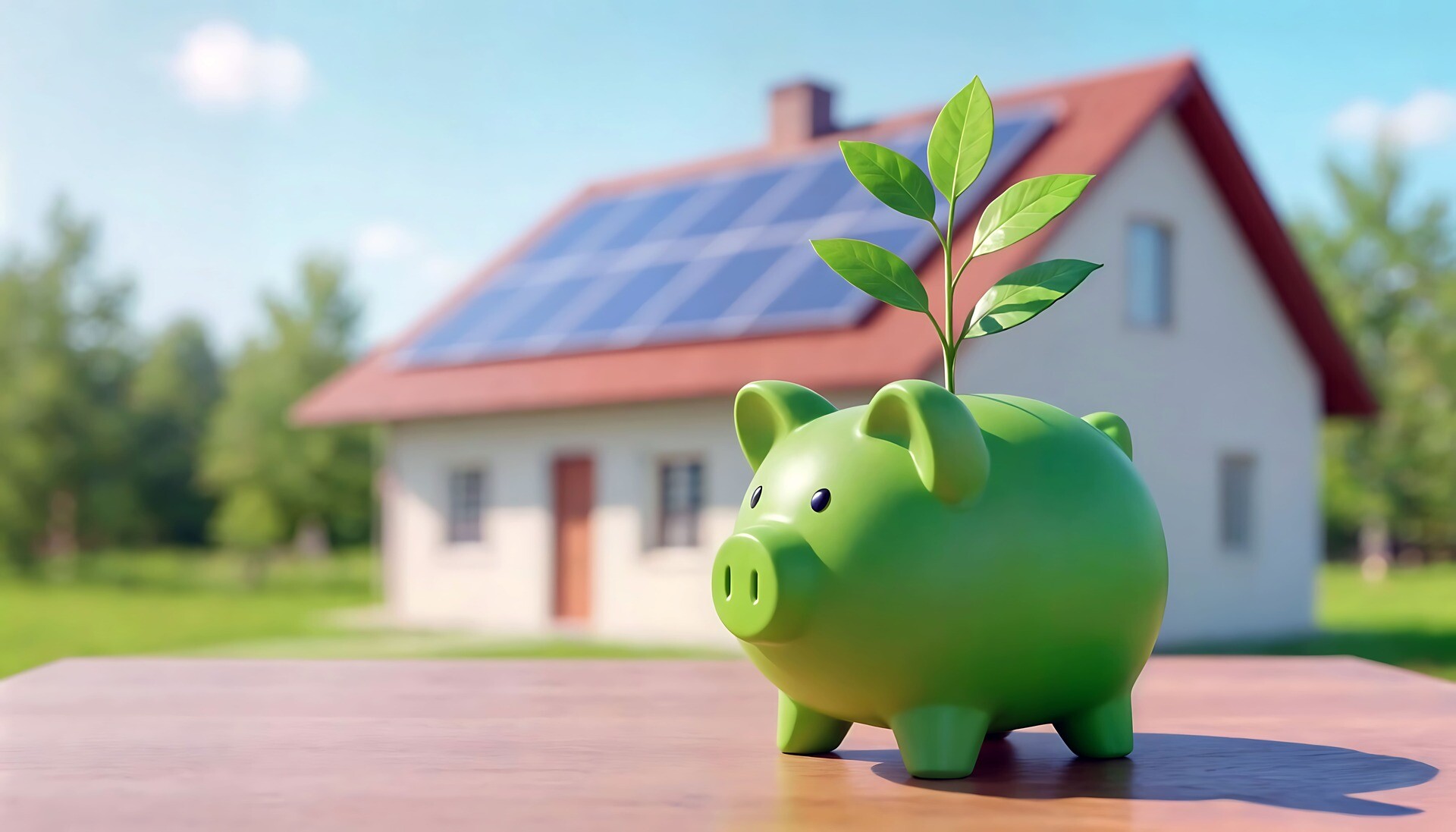 Grünes Sparschwein mit Pflanze vor Haus mit Solarpanelen.