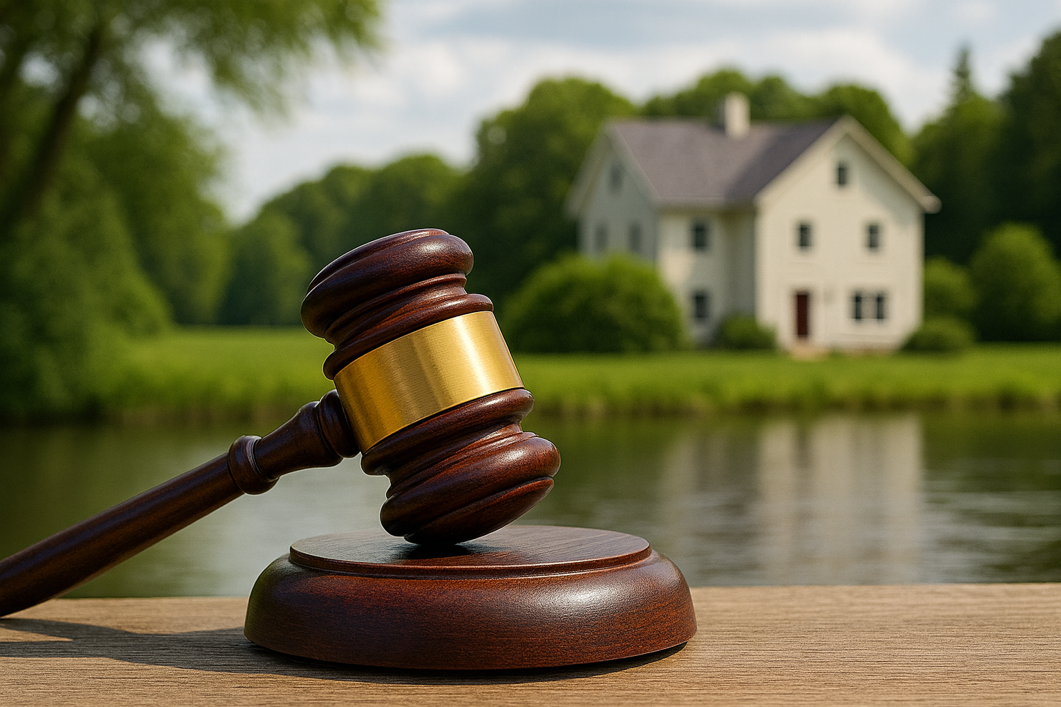 Richterhammer im Vordergrund mit Haus am Wasser in Mecklenburg-Vorpommern im Hintergrund – symbolische Darstellung einer gerichtlichen Entscheidung zur Grundsteuer für Immobilieneigentümer.