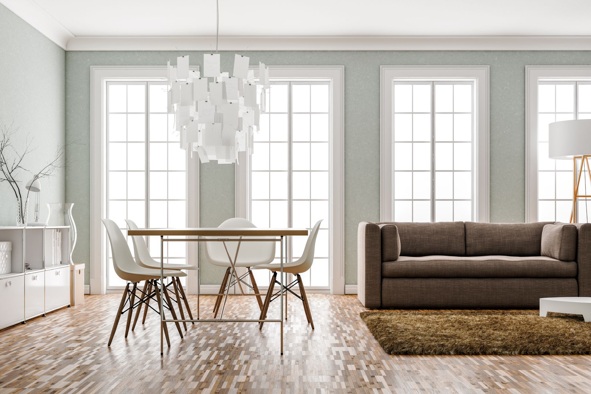 Modernes Wohnzimmer mit Sofa, Esstisch und großen Fenstern.