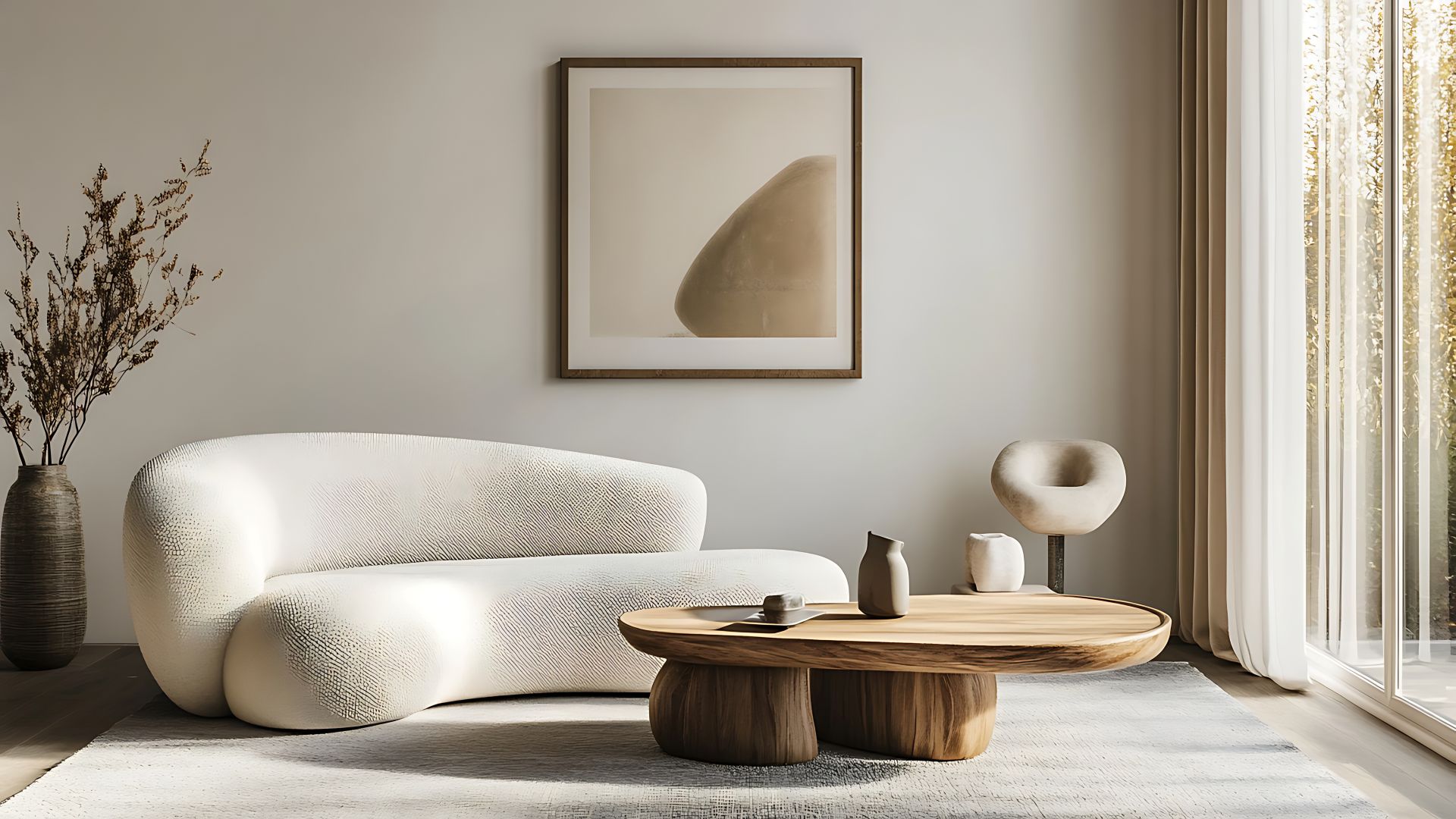 Minimalistisches Wohnzimmer mit weißem Sofa, Holztisch und Kunst.