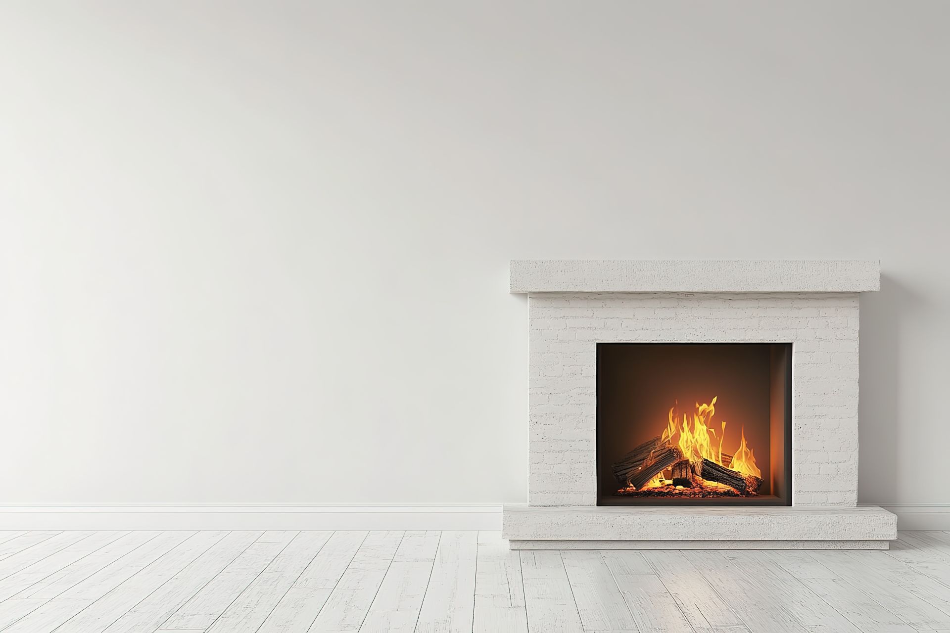 Weißer Ziegelkamin mit Feuer in leerem, weißem Raum.